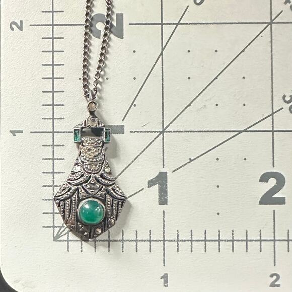 Antique French Art Deco sterling silver genuine chrysoprase marcasite necklace - Picture 9 of 10